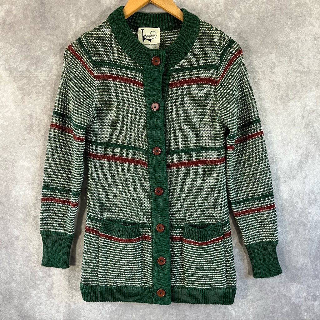 Vintage Aristo Kat Cardigan Womens 10 Green White & Red Stripe Button Sweater
